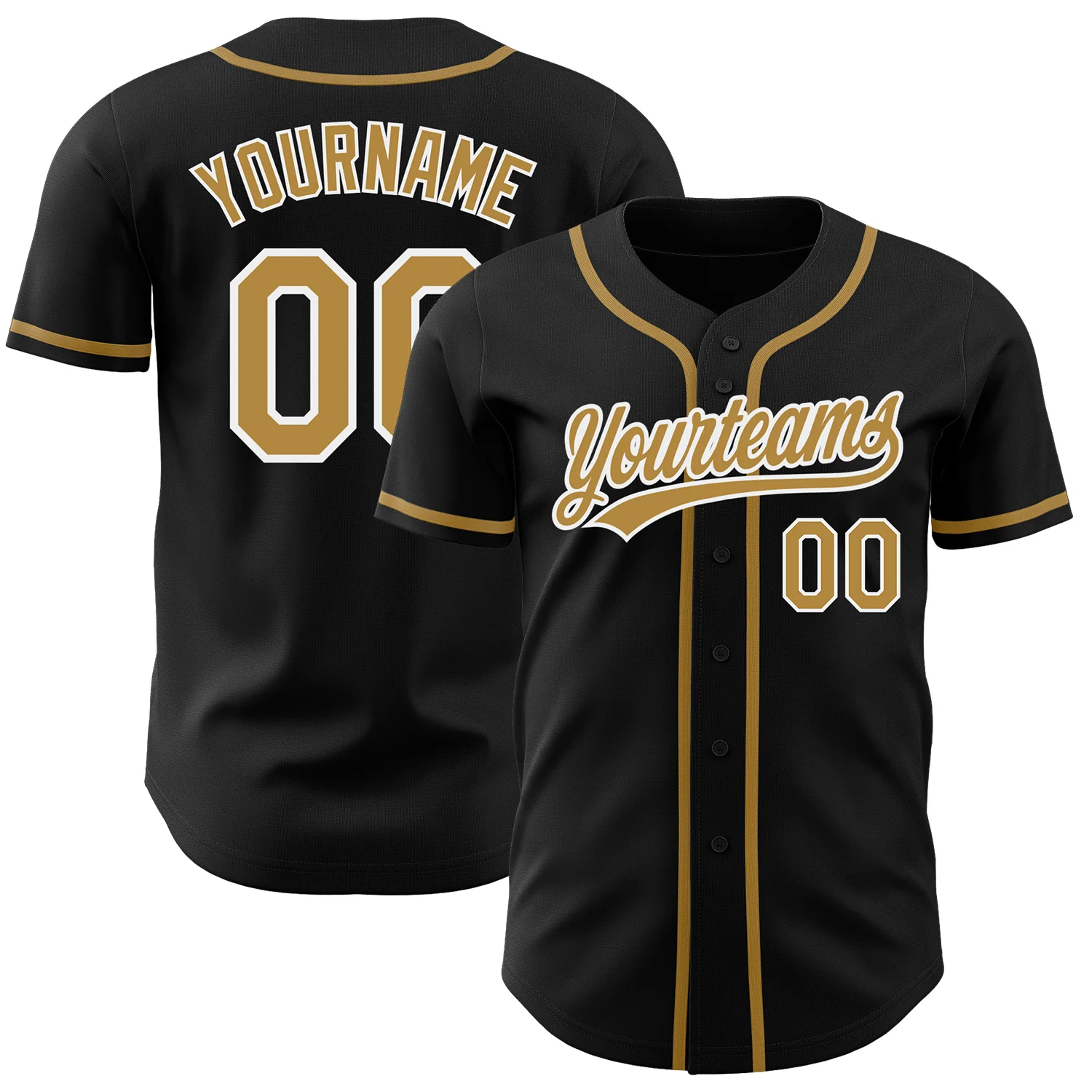 Black Old Gold White Authentic Baseball Jersey Front view of the black old gold white baseball jersey showcasing stylish design and team name.