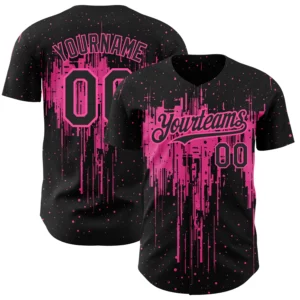 Front view of the custom black baseball jersey showcasing dripping splatter art design in vibrant pink colors.
