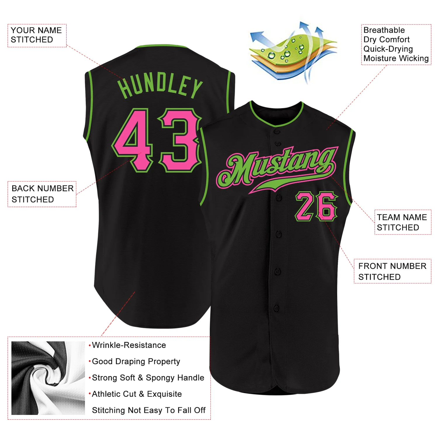Black Pink Neon Green Baseball Jersey Back angle of the black pink neon green baseball jersey featuring customizable name and bold number details.