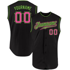 Front view of the black pink neon green baseball jersey showcasing vibrant team logo and stylish design.