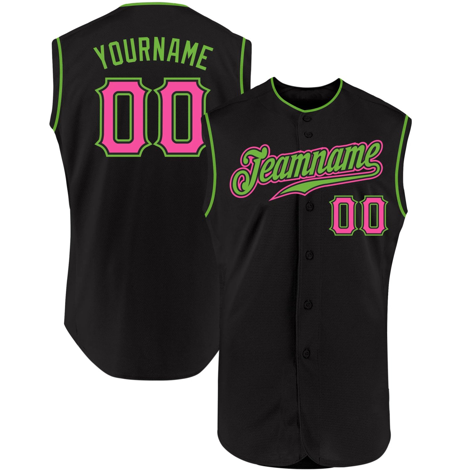 Black Pink Neon Green Baseball Jersey Front view of the black pink neon green baseball jersey showcasing vibrant team logo and stylish design.