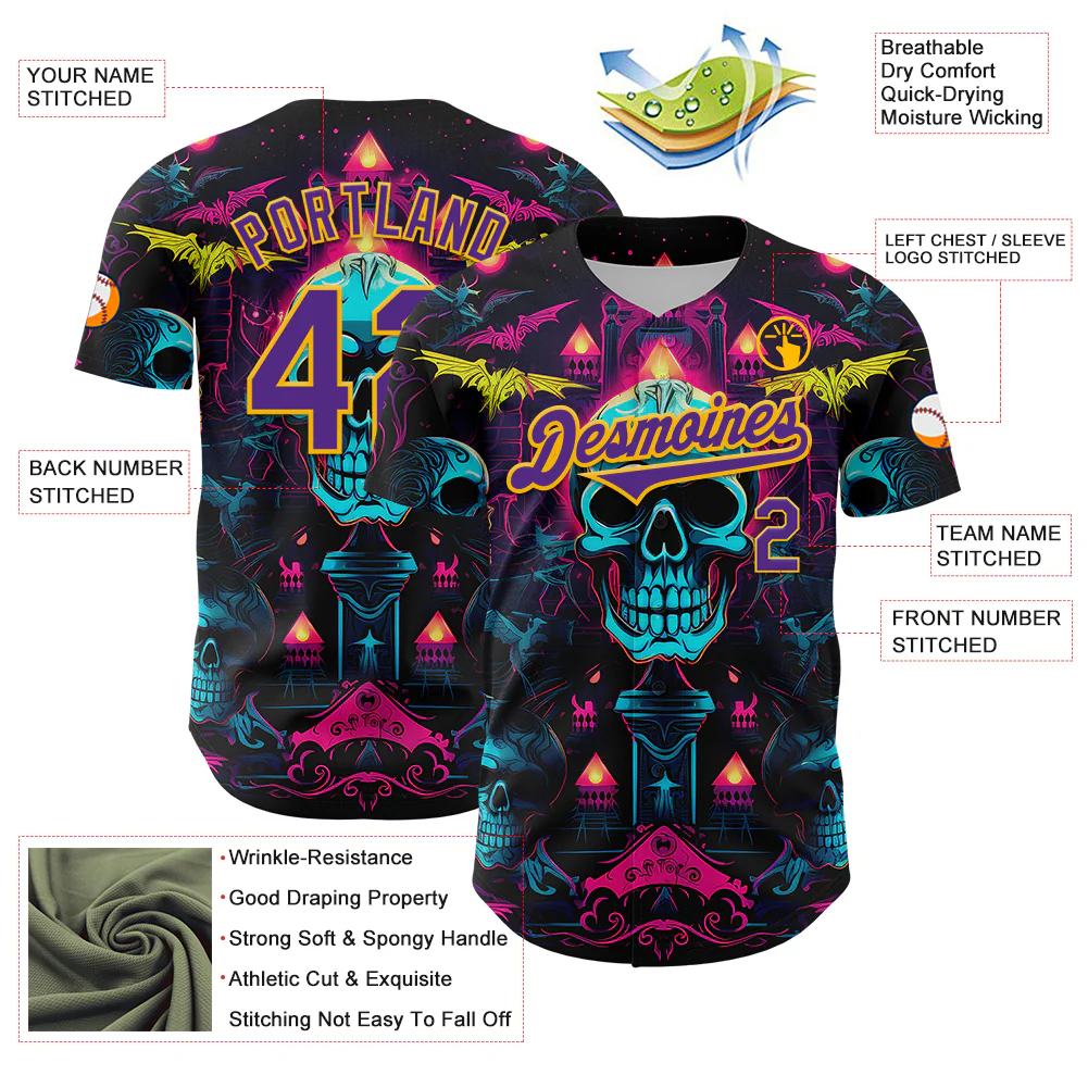 3D Pattern Design Rave Skull Baseball Jersey Back view of the black purple gold 3D pattern design rave skull jersey featuring personalized details.