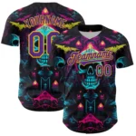 Front view of the custom black purple gold 3D pattern design rave skull jersey showcasing vibrant colors.
