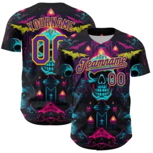 Front view of the custom black purple gold 3D pattern design rave skull jersey showcasing vibrant colors.