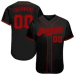 Front view of custom black red authentic baseball jersey showcasing team name and bold lettering.