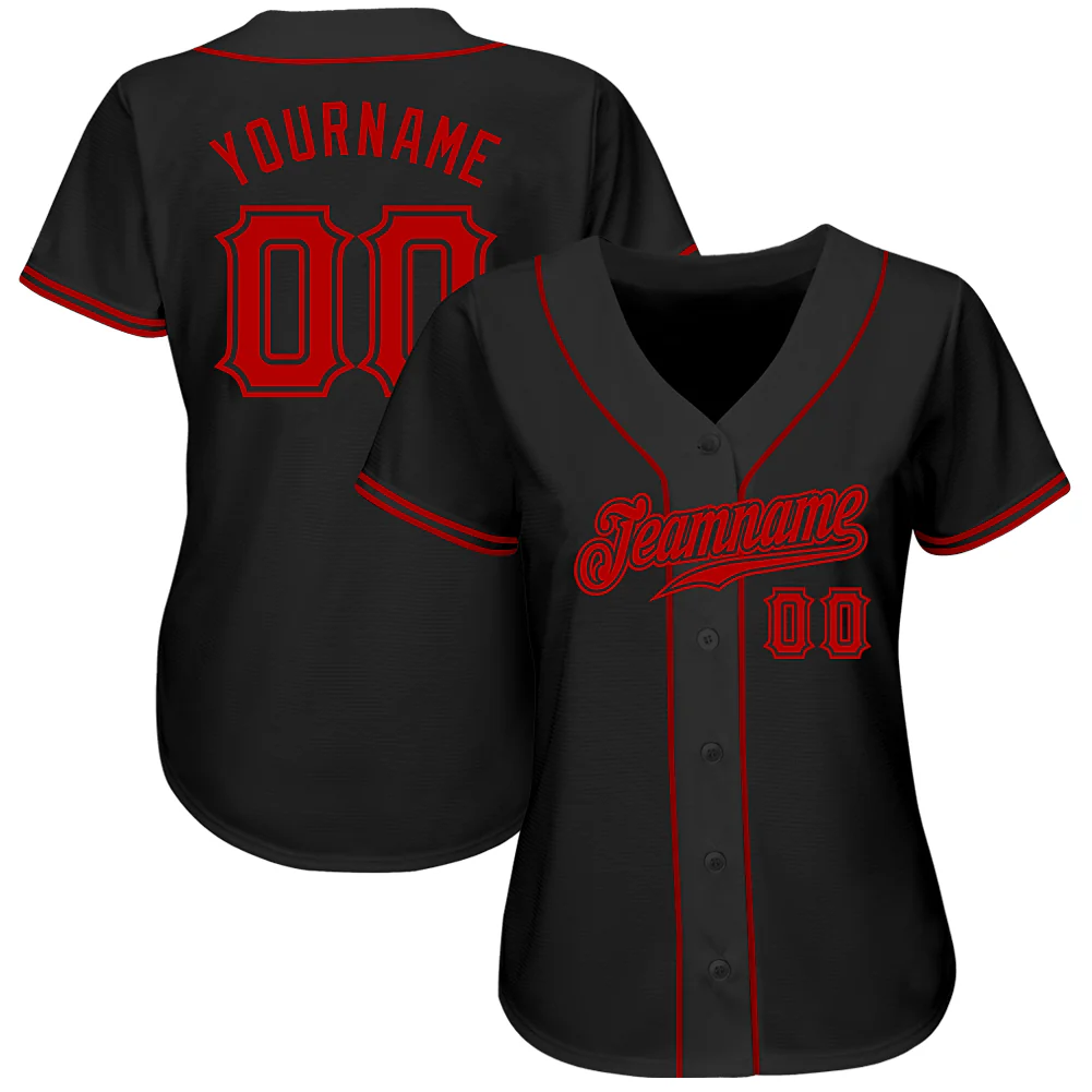 Black Red Authentic Baseball Jersey Close-up detail of black red authentic baseball jersey highlighting stitching and fabric texture.