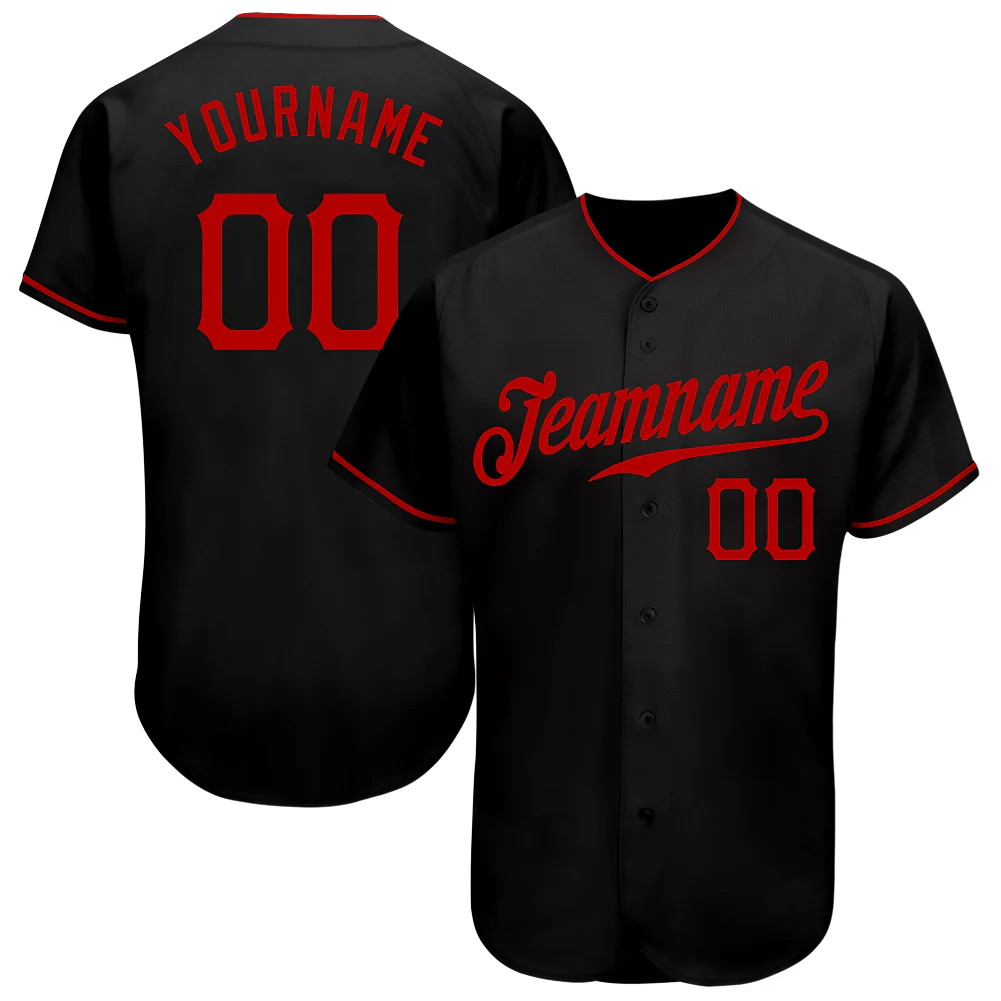 Black Red Authentic Baseball Jersey Flat lay of custom black red authentic baseball jersey with emphasis on design elements.