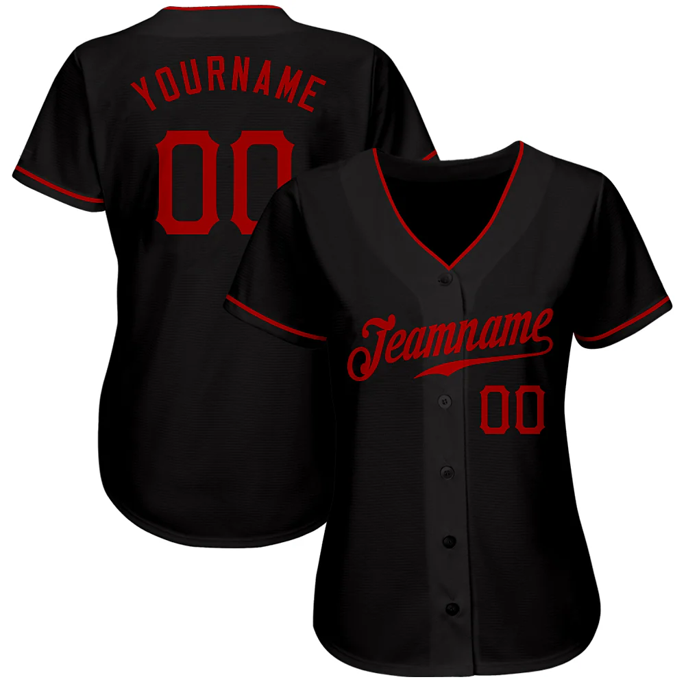 Black Red Authentic Baseball Jersey Model wearing black red authentic baseball jersey in an outdoor setting, showing fit and style.