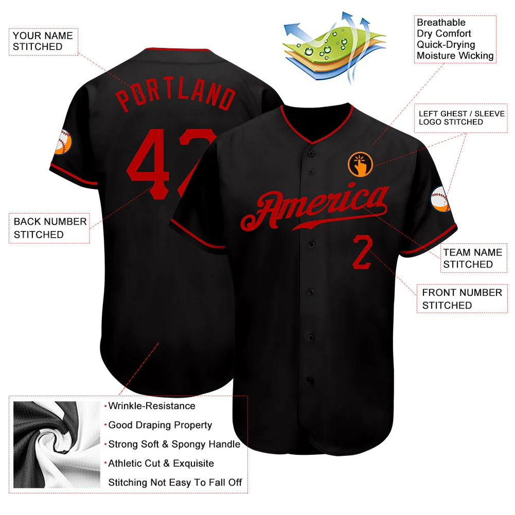 Black Red Authentic Baseball Jersey Back detail of black red authentic baseball jersey focusing on name and number customization.