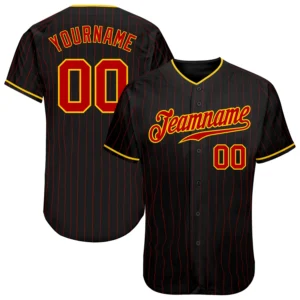 Front view of the black red pinstripe baseball jersey featuring vibrant gold lettering.