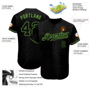 Home Front view of the black snakeskin baseball jersey showcasing its black and neon green 3D pattern design.