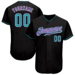 Front view of a black teal purple baseball jersey with vibrant team name and number details.