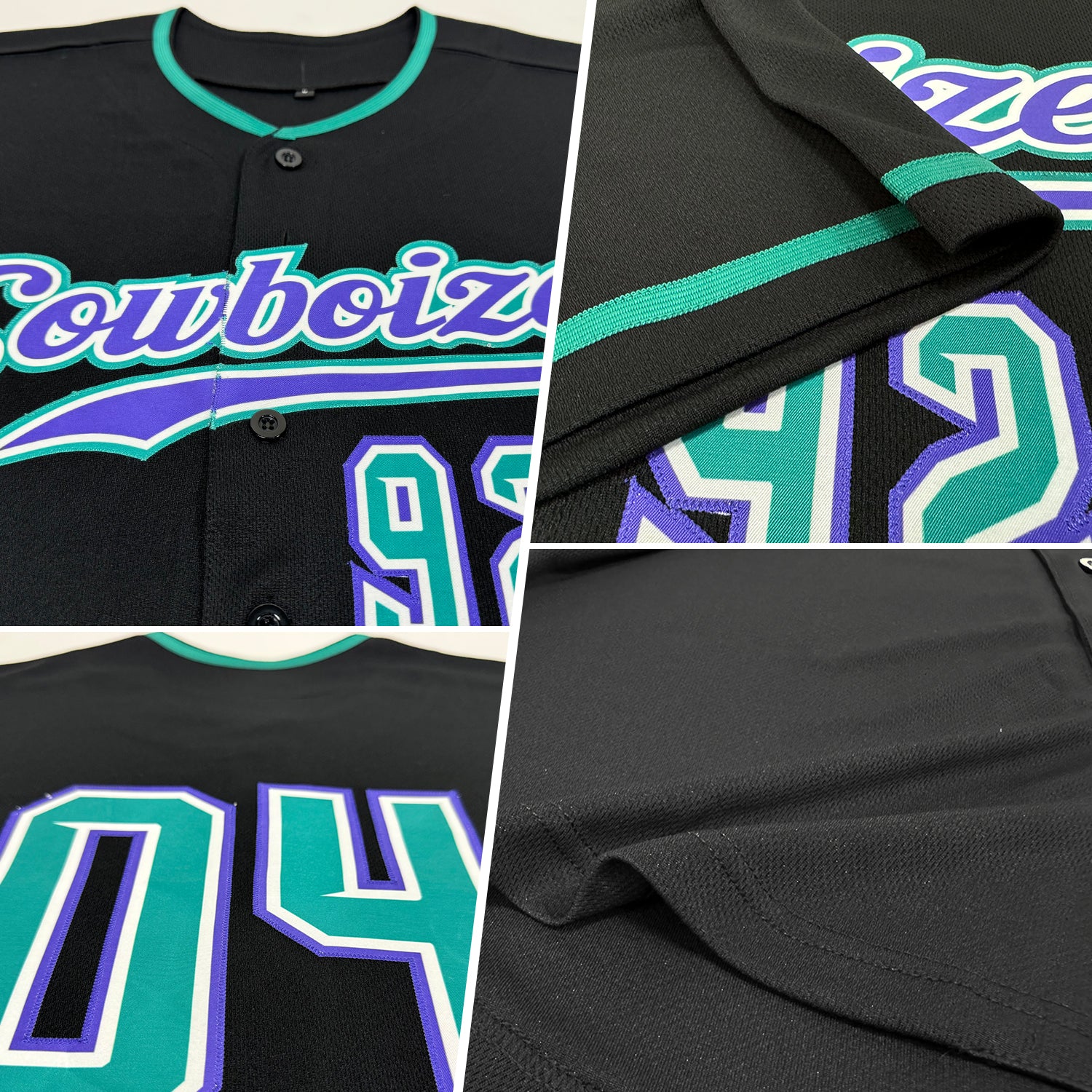 Black Teal Purple Baseball Jersey Back view showcasing the custom black teal purple baseball jersey with personalized name and number.