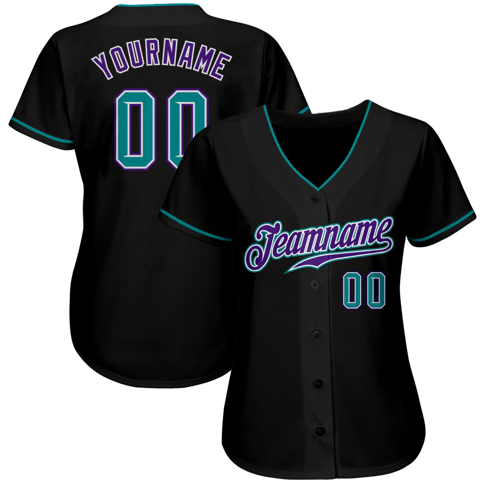Black Teal Purple Baseball Jersey Close-up of the black teal purple baseball jersey fabric, highlighting the vibrant colors and stitching details.