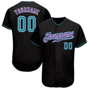Home Front view of a black teal purple baseball jersey with vibrant team name and number details.