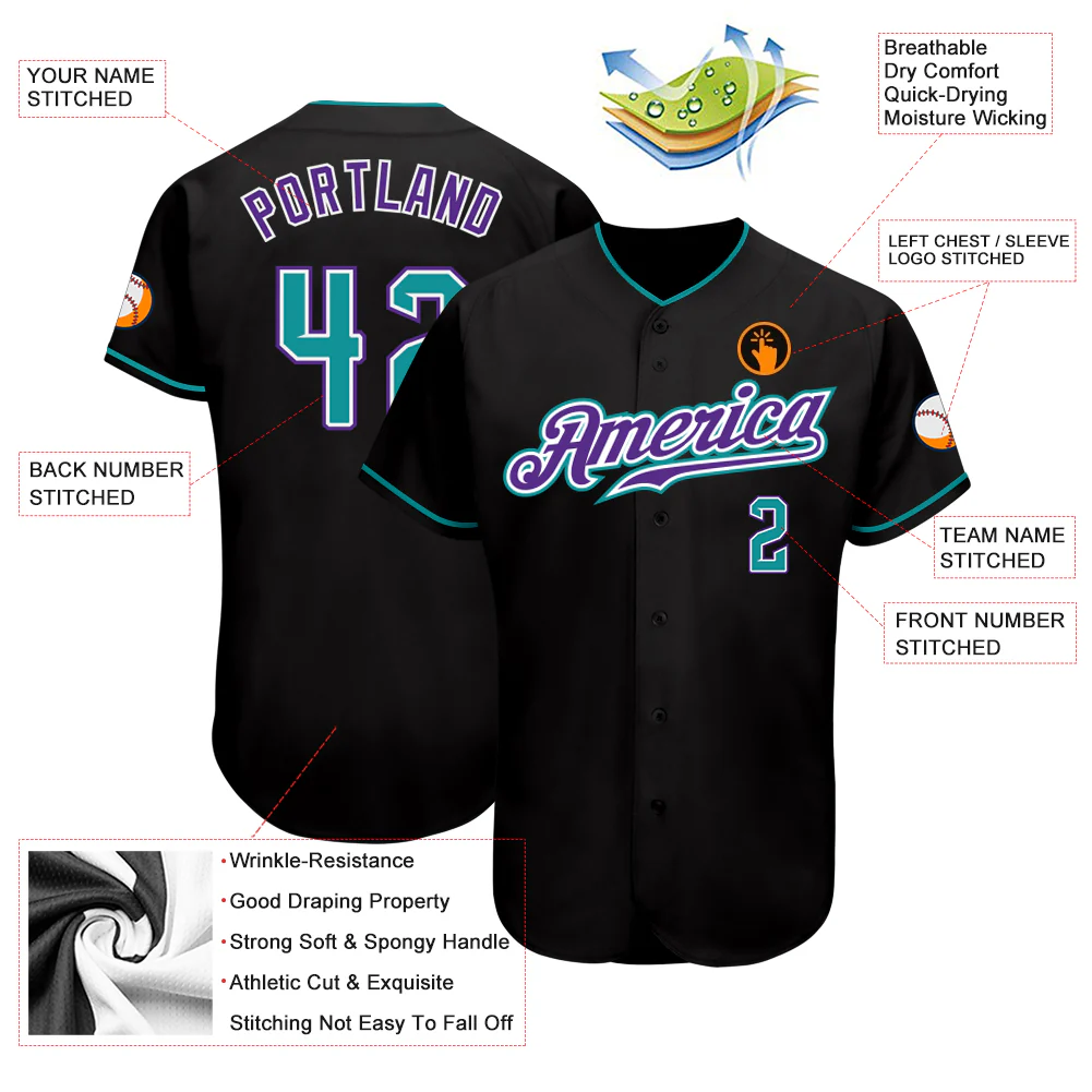 Black Teal Purple Baseball Jersey Lifestyle shot featuring a person wearing a black teal purple baseball jersey at a game, showcasing team spirit.