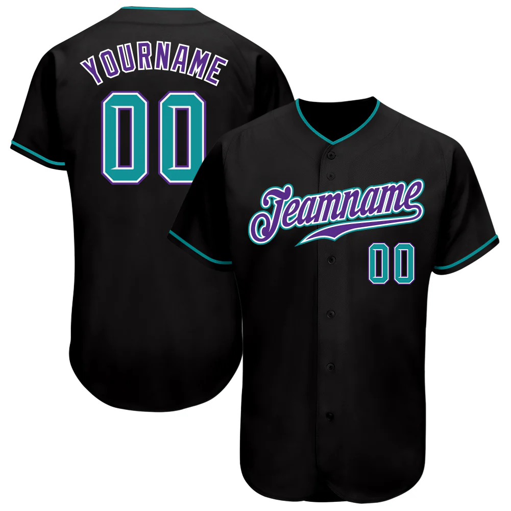 Black Teal Purple Baseball Jersey Front view of a black teal purple baseball jersey with vibrant team name and number details.