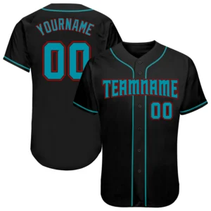 Home Front view of the black teal red authentic baseball jersey showcasing bold team name and vibrant colors.