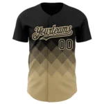 Front view of custom black Vegas gold 3D pattern baseball jersey with gradient square shapes.