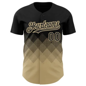 Home Front view of custom black Vegas gold 3D pattern baseball jersey with gradient square shapes.