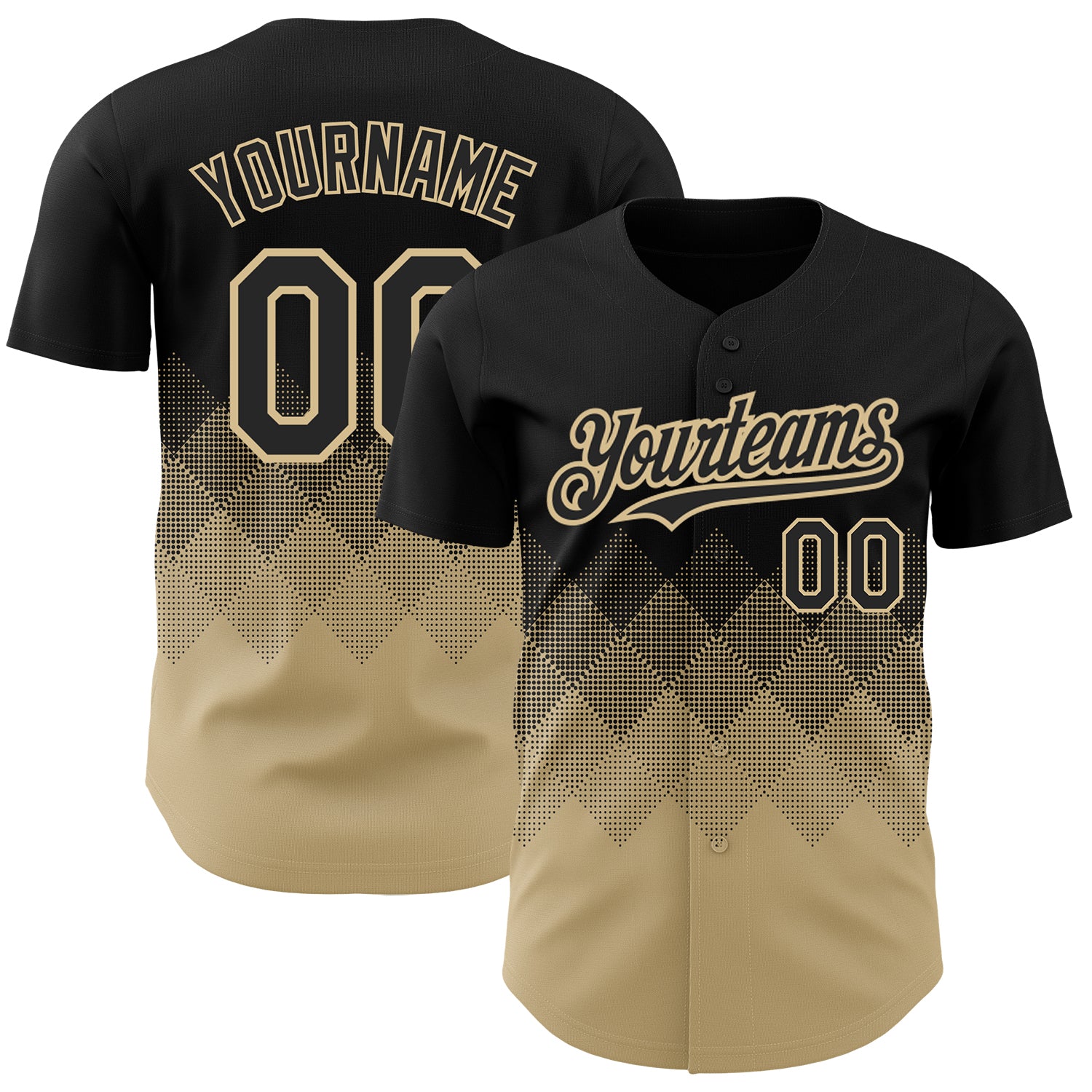 Black Vegas Gold 3D Pattern Baseball Jersey Front view of custom black Vegas gold 3D pattern baseball jersey with gradient square shapes.
