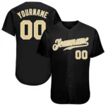 Front view of the black vegas gold baseball jersey featuring custom name and number design.