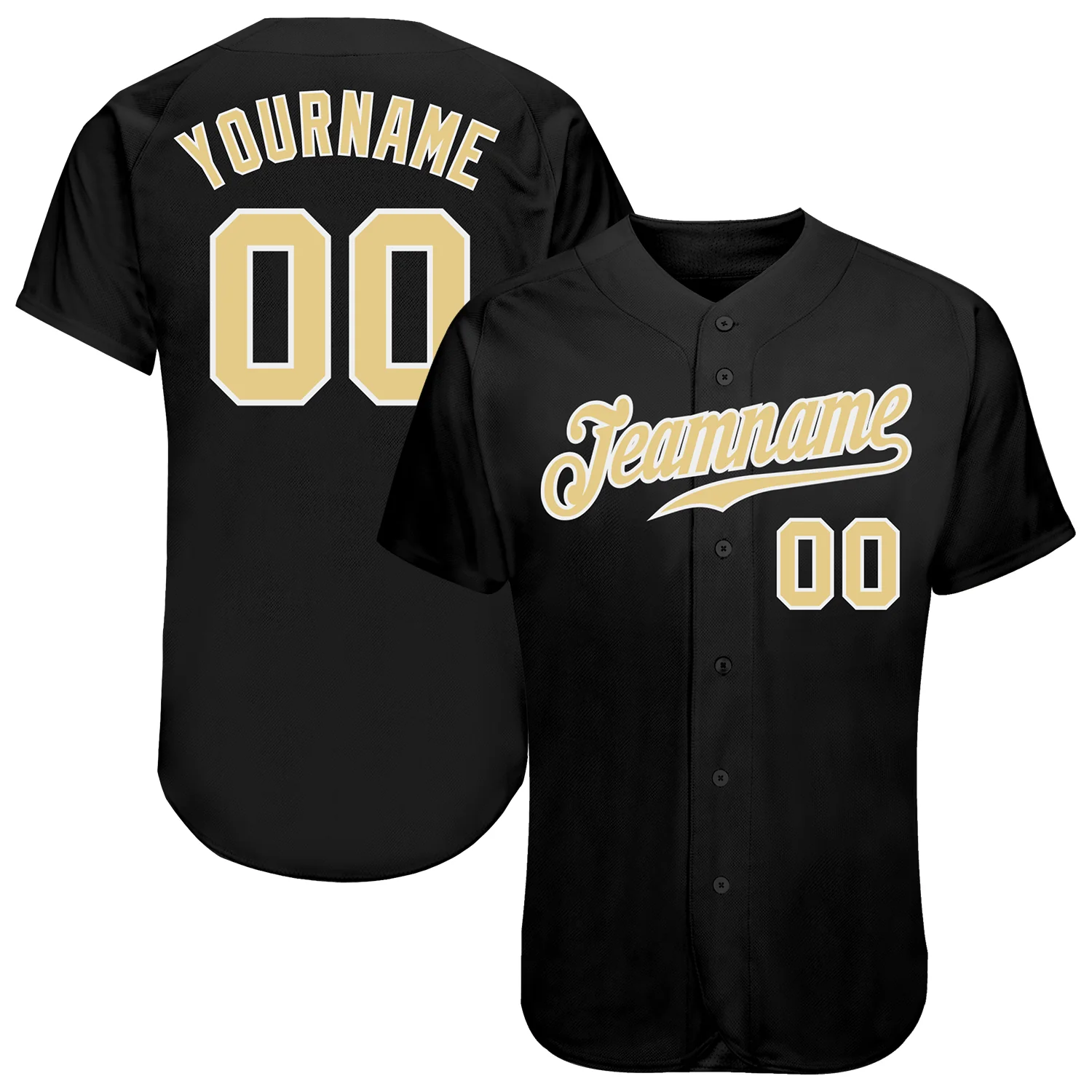 Black Vegas Gold Baseball Jersey Front view of the black vegas gold baseball jersey featuring custom name and number design.