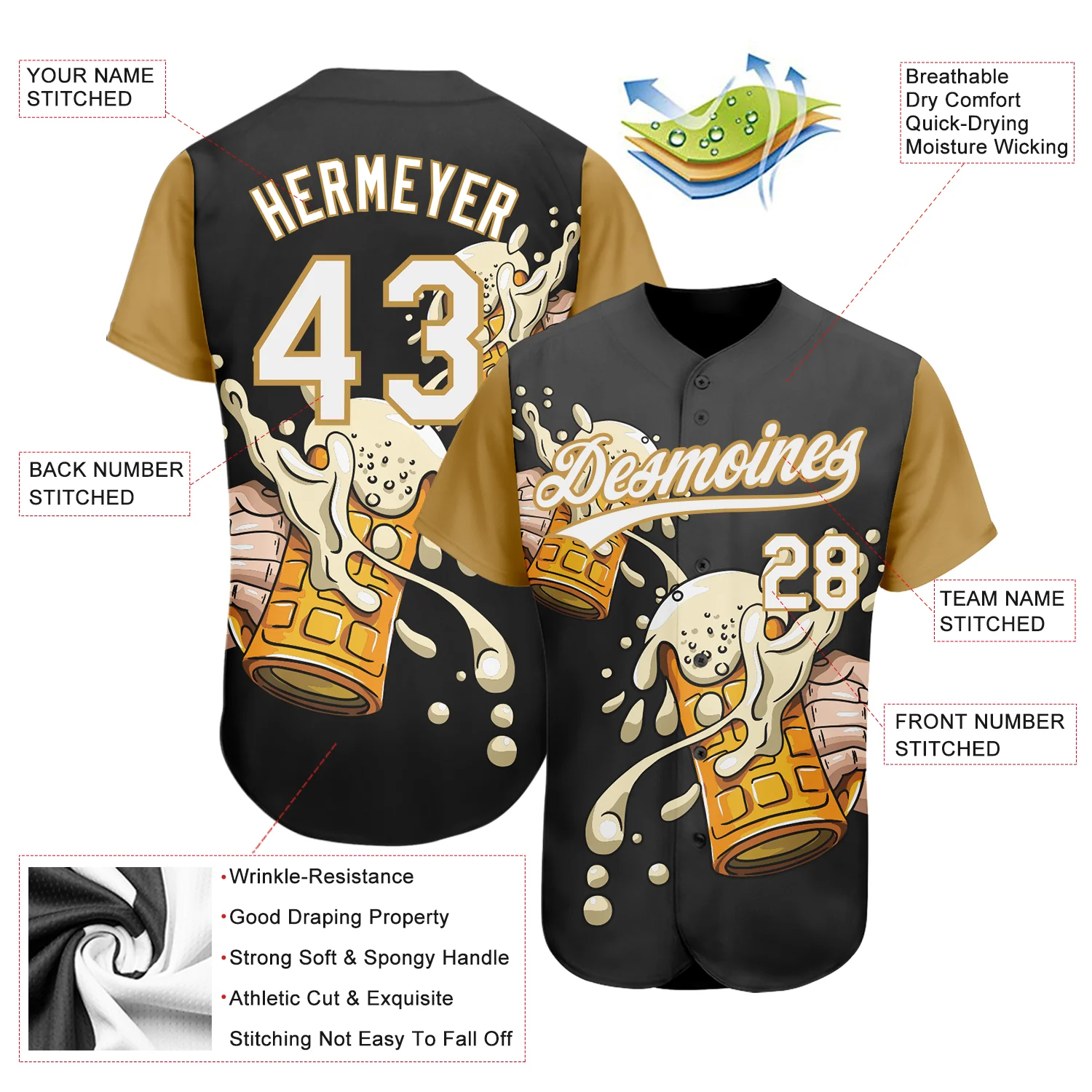 Beer Festival 3D Pattern Design Baseball Jersey Close-up detail of the beer festival 3D pattern design jersey highlighting the intricate graphic elements and fabric texture.