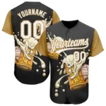 Front view of the beer festival 3D pattern design jersey in black with gold sleeves and vibrant graphics.