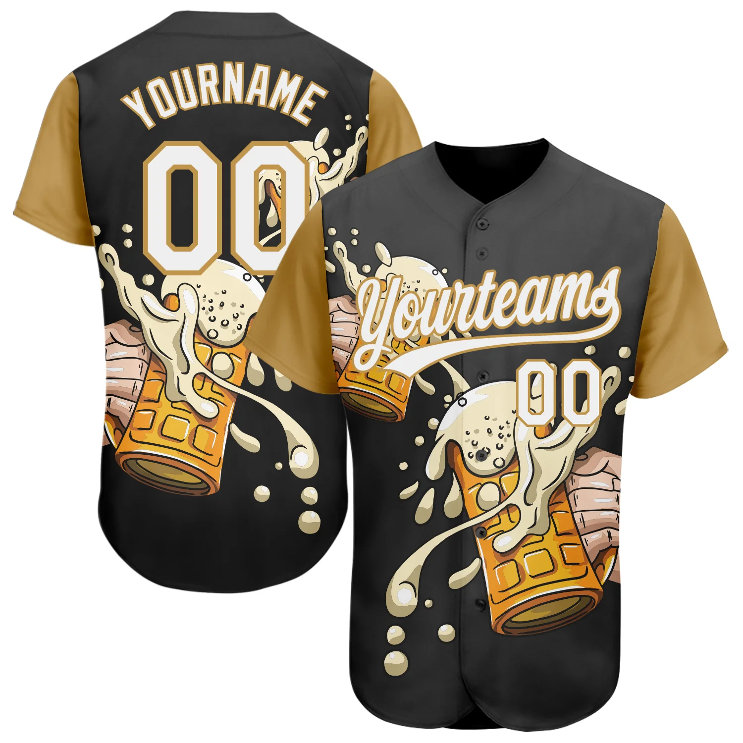 Beer Festival 3D Pattern Design Baseball Jersey Front view of the beer festival 3D pattern design jersey in black with gold sleeves and vibrant graphics.