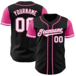 Front view of the black white pink baseball jersey showcasing vibrant pink sleeves and custom name design.
