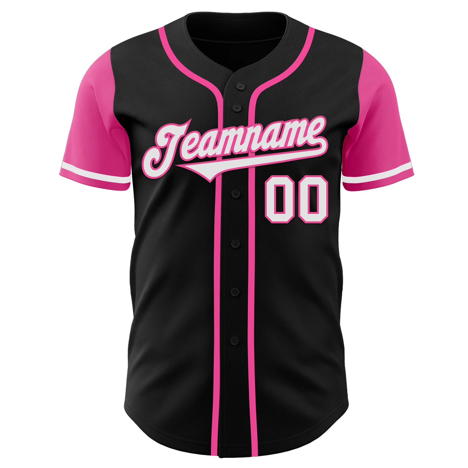 Black White Pink Two Tone Baseball Jersey Back view of the black white pink baseball jersey featuring personalized name and number detail in bold white.