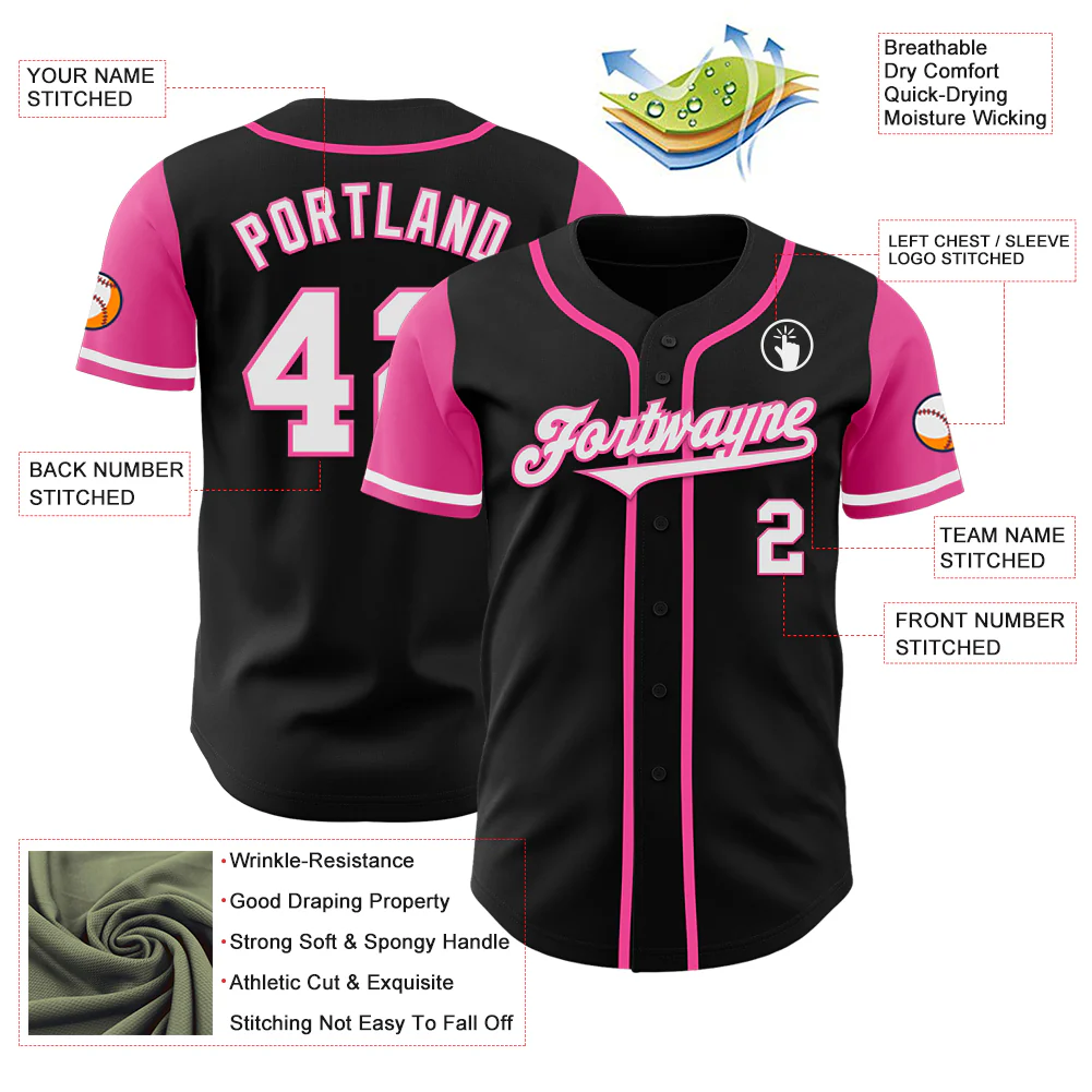 Black White Pink Two Tone Baseball Jersey Close-up detail of the black white pink baseball jersey highlighting the stitching and color contrast.