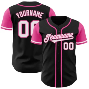 Front view of the black white pink baseball jersey showcasing vibrant pink sleeves and custom name design.
