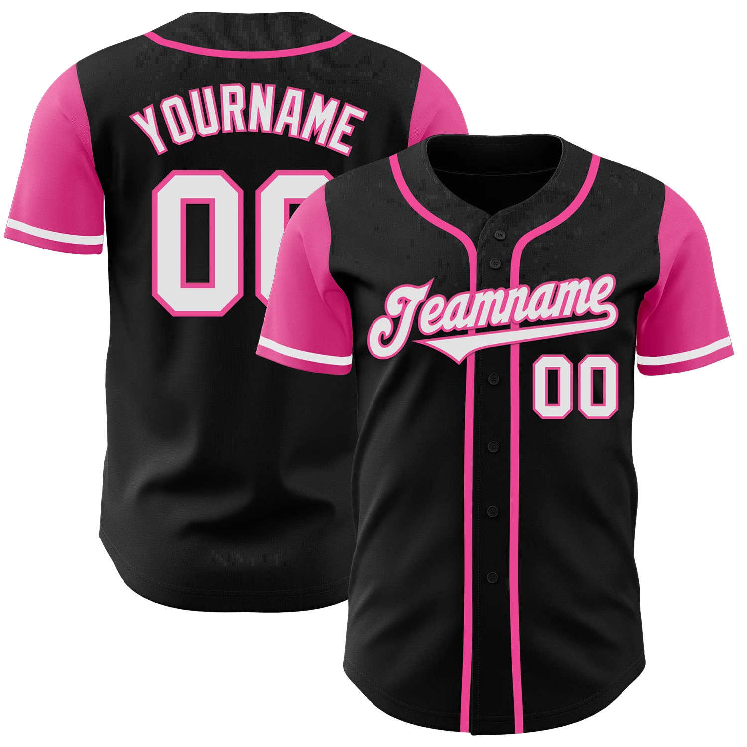 Black White Pink Two Tone Baseball Jersey Front view of the black white pink baseball jersey showcasing vibrant pink sleeves and custom name design.