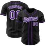 Front view of the black white pinstripe purple baseball jersey showcasing stylish button-up design.