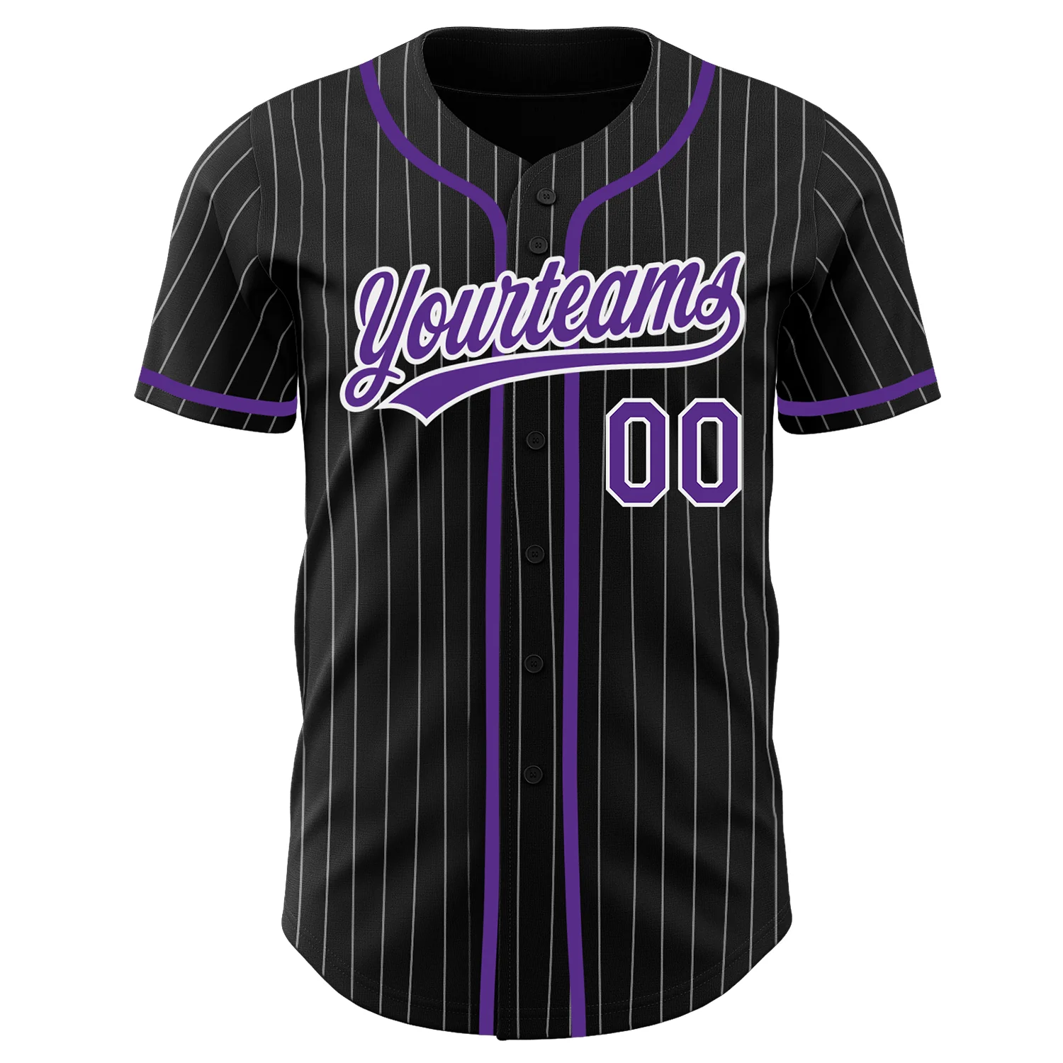 Black White Pinstripe Purple Baseball Jersey Back view of the black white pinstripe purple baseball jersey featuring personalized name and number.