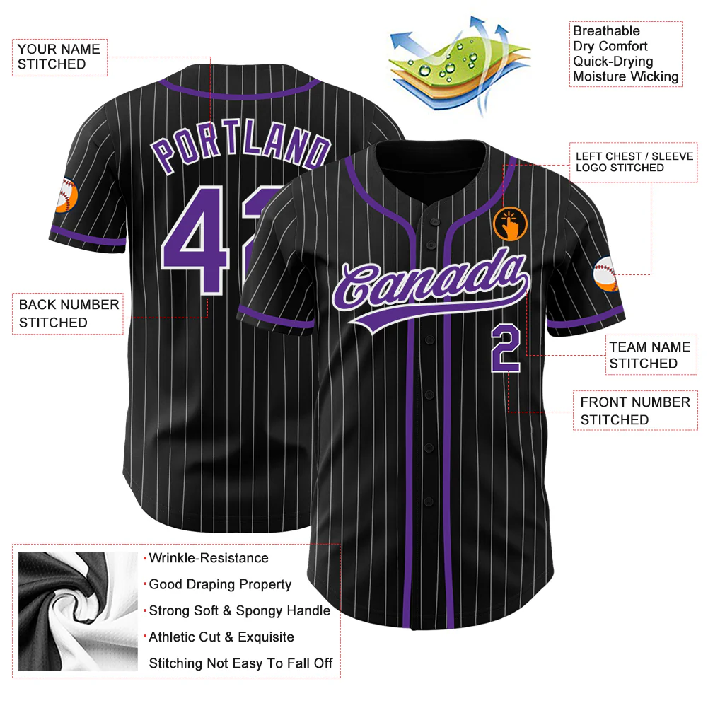 Black White Pinstripe Purple Baseball Jersey Close-up detail of the black white pinstripe purple baseball jersey's fabric and vibrant color contrast.