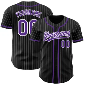 Home Front view of the black white pinstripe purple baseball jersey showcasing stylish button-up design.