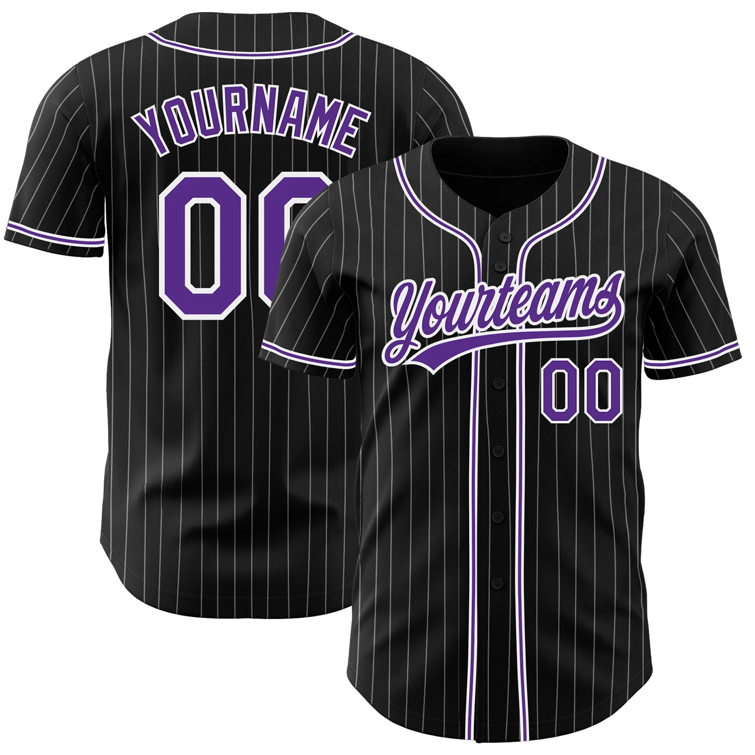 Black White Pinstripe Purple Baseball Jersey Flat lay of the black white pinstripe purple baseball jersey with accessories for a trendy sports look.