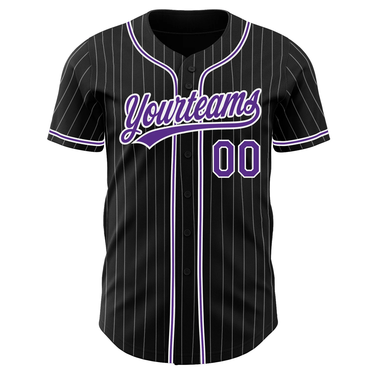 Black White Pinstripe Purple Baseball Jersey Action shot of a player in the black white pinstripe purple baseball jersey during a game.