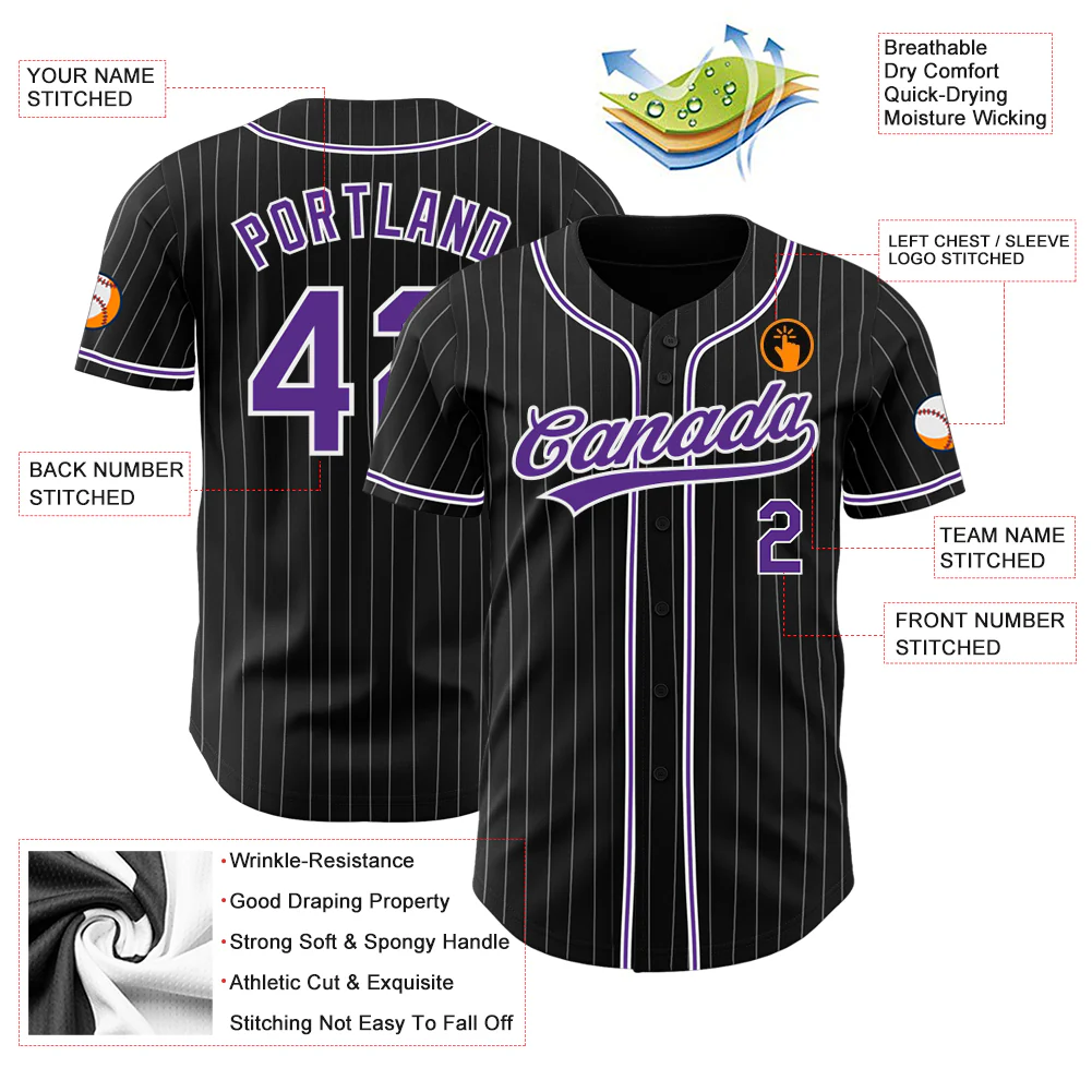 Black White Pinstripe Purple Baseball Jersey Rear view of the black white pinstripe purple baseball jersey emphasizing the clean lines and colors.
