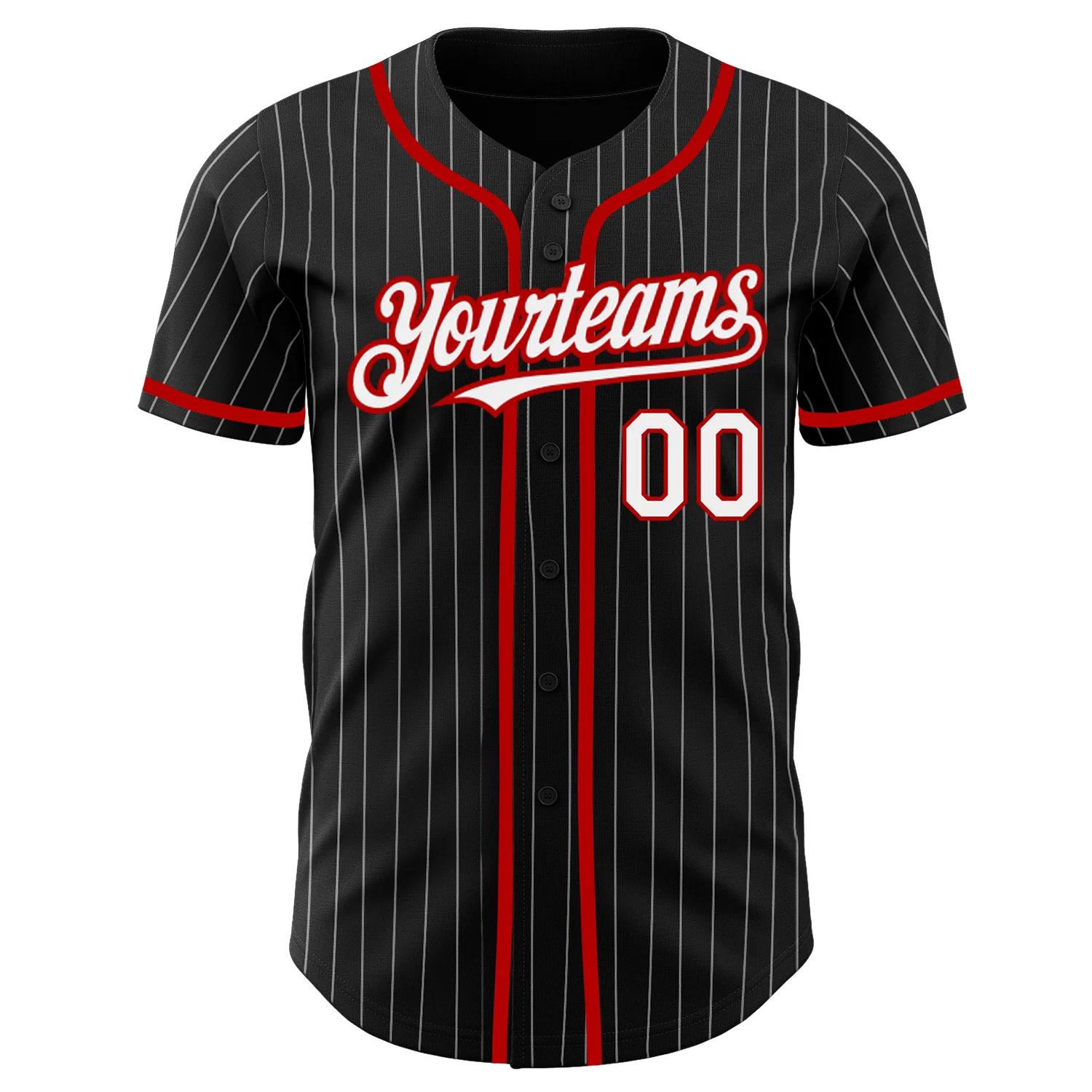 Black White Pinstripe Red Baseball Jersey Back view of the black white pinstripe red baseball jersey featuring a player graphic and custom name.