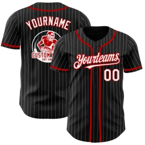 Home Front view of a black white pinstripe red baseball jersey showcasing custom name and team design.