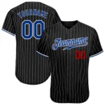 Custom black white pinstripe baseball jersey featuring a front view with bold blue team name and red number.