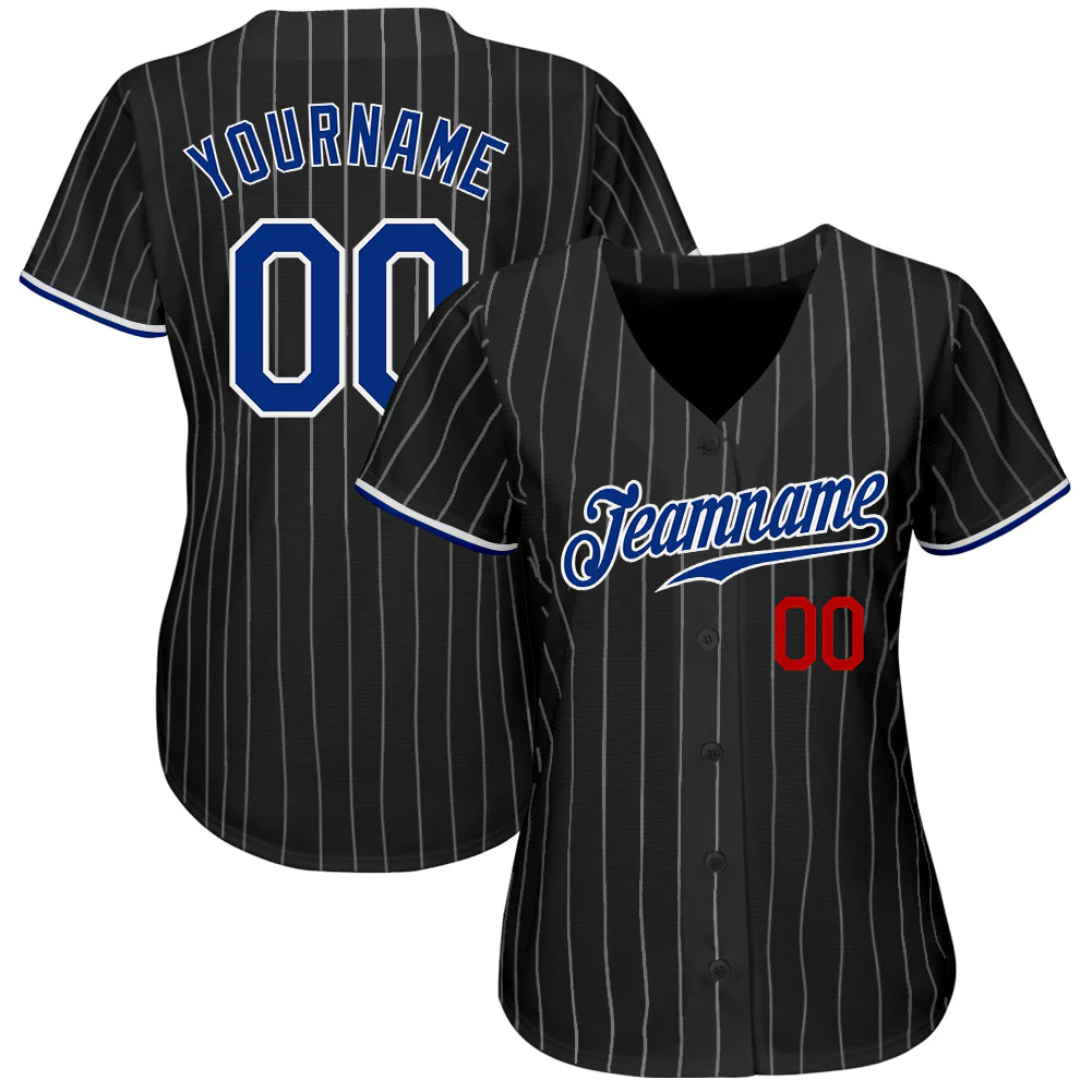 Black White Pinstripe Royal Red Authentic Baseball Jersey Back view of the black white pinstripe baseball jersey showcasing personalized name and number in blue.