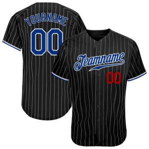 Home Custom black white pinstripe baseball jersey featuring a front view with bold blue team name and red number.