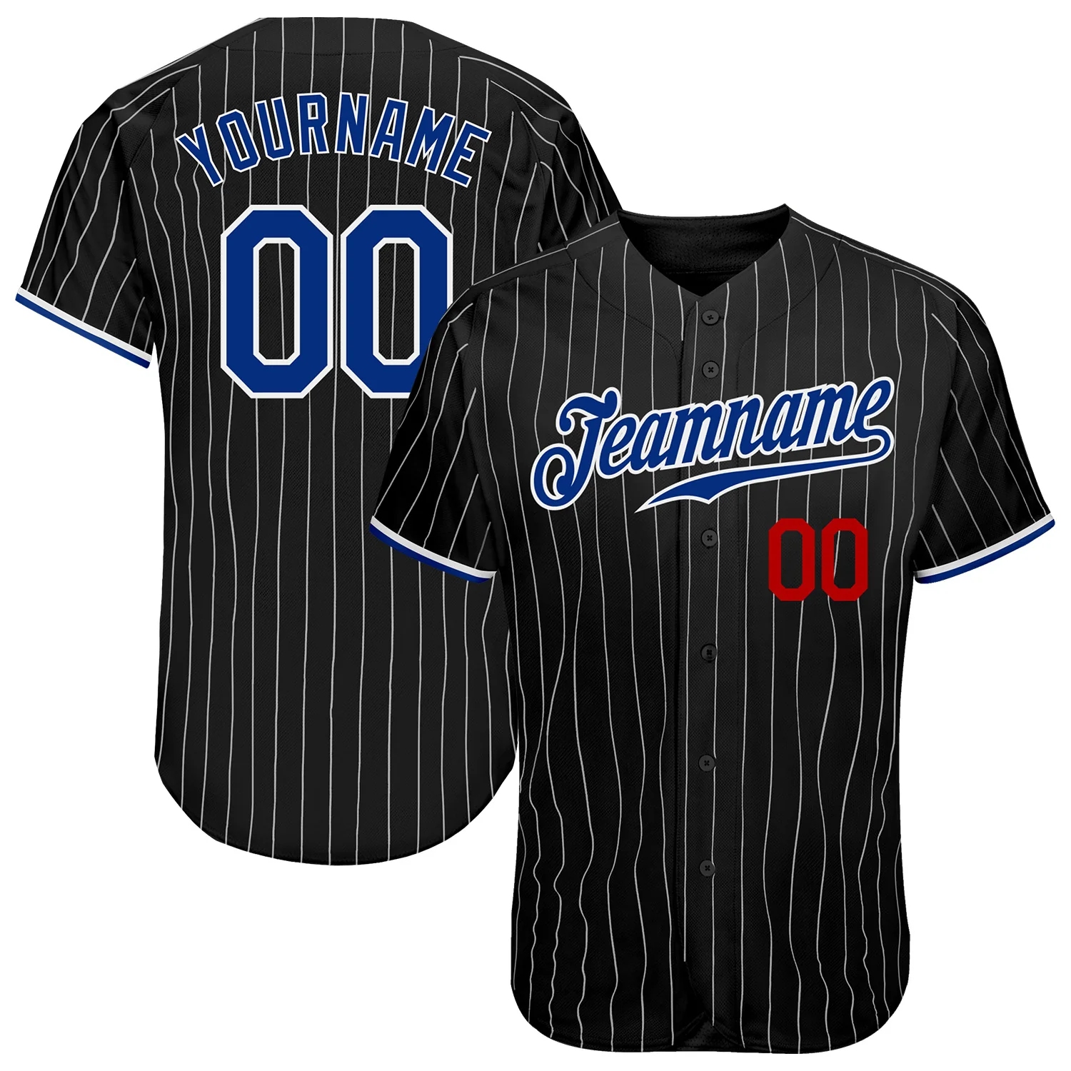 Black White Pinstripe Royal Red Authentic Baseball Jersey Custom black white pinstripe baseball jersey featuring a front view with bold blue team name and red number.