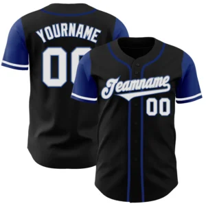Front view of the custom black white royal two tone baseball jersey showcasing the team name and number.