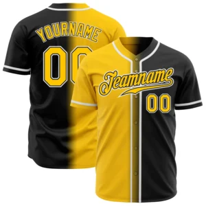 Front view of the black yellow white gradient baseball jersey showcasing vibrant color contrast and team logo.